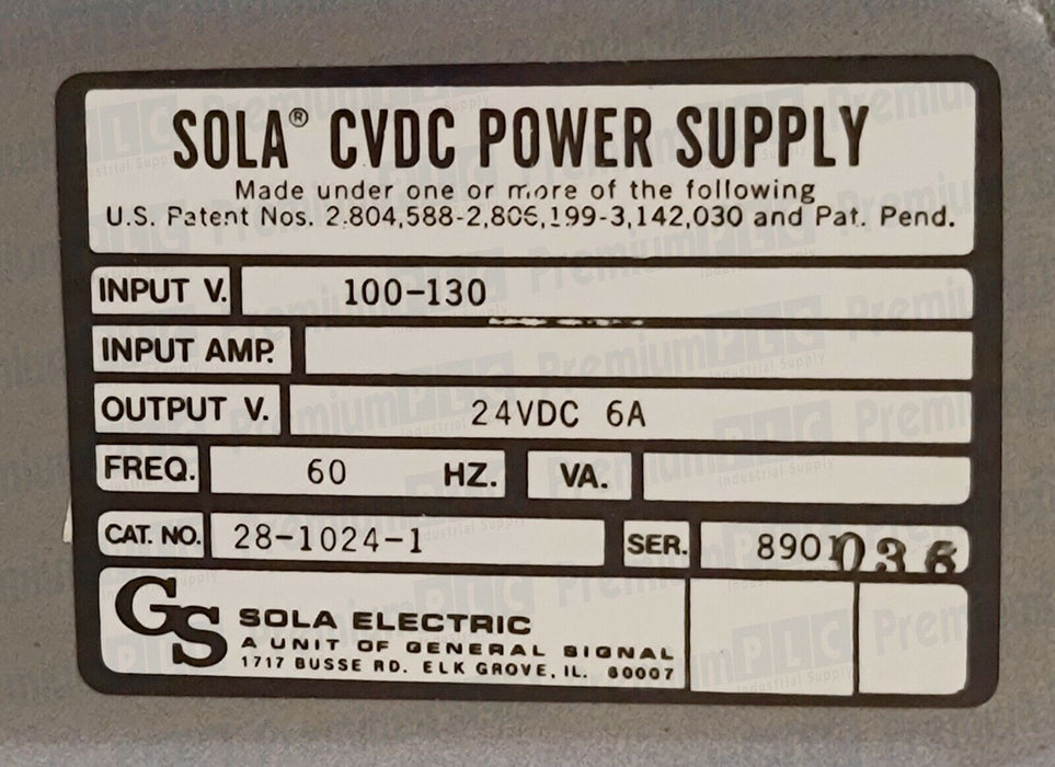 NEW SOLA 28-1024-1 SER. 8901 CVDC POWER SUPPLY IN 100-130V OUT. 24VDC 6A 2810241