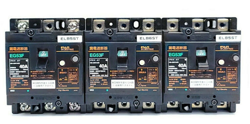 LOT OF 3 FUJI ELECTRIC EG53F CIRCUIT BREAKERS 40AMP, 100-200V, 100mA