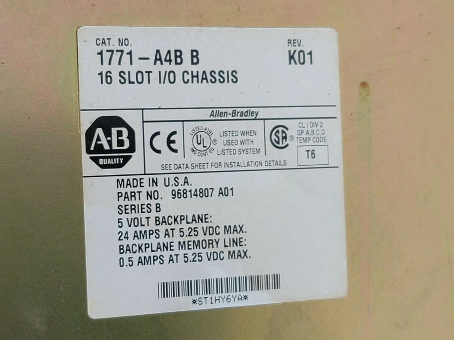 ALLEN BRADLEY 1771-A4B 16 SLOT I/O CHASSIS SER. B REV. K01 W/ 15 1771-IAD SER. D