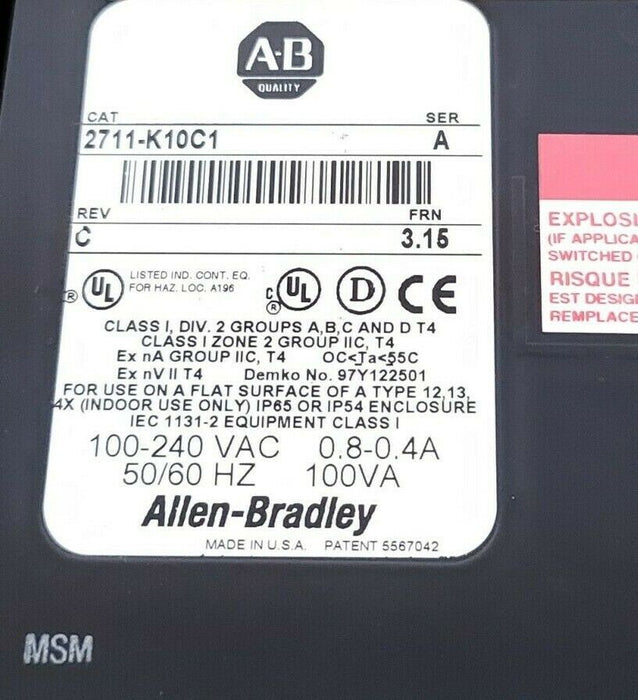 ALLEN BRADLEY 2711-K10C1 SER. A REV. C FRN. 3.15 PANELVIEW 2711K10C1 (FOR PARTS)