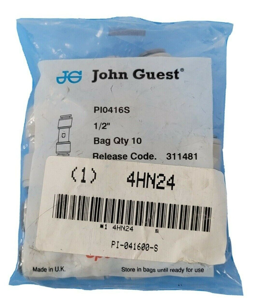 LOT OF 10 JOHN GUEST PI-0416-S CONNECTORS STRAIGHT UNION 1/2IN OD PI0416S 4HN24