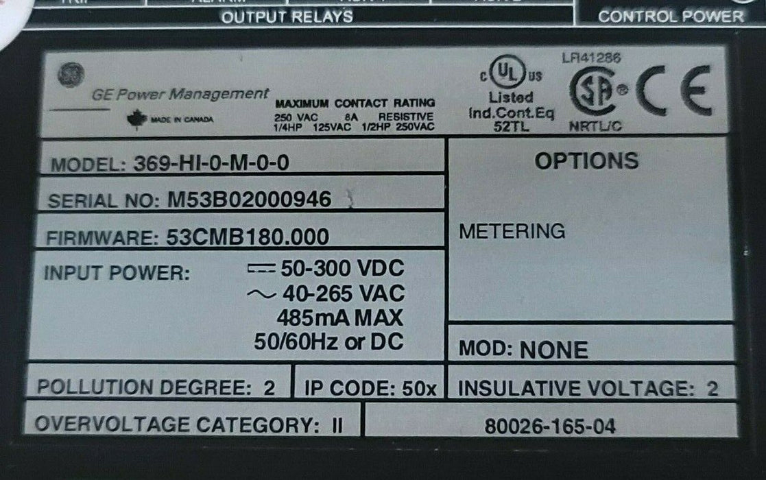 GENERAL ELECTRIC 369-HI-0-M-0-0 369 MOTOR PROTECTION RELAY 369HI0M00 (FOR PARTS)