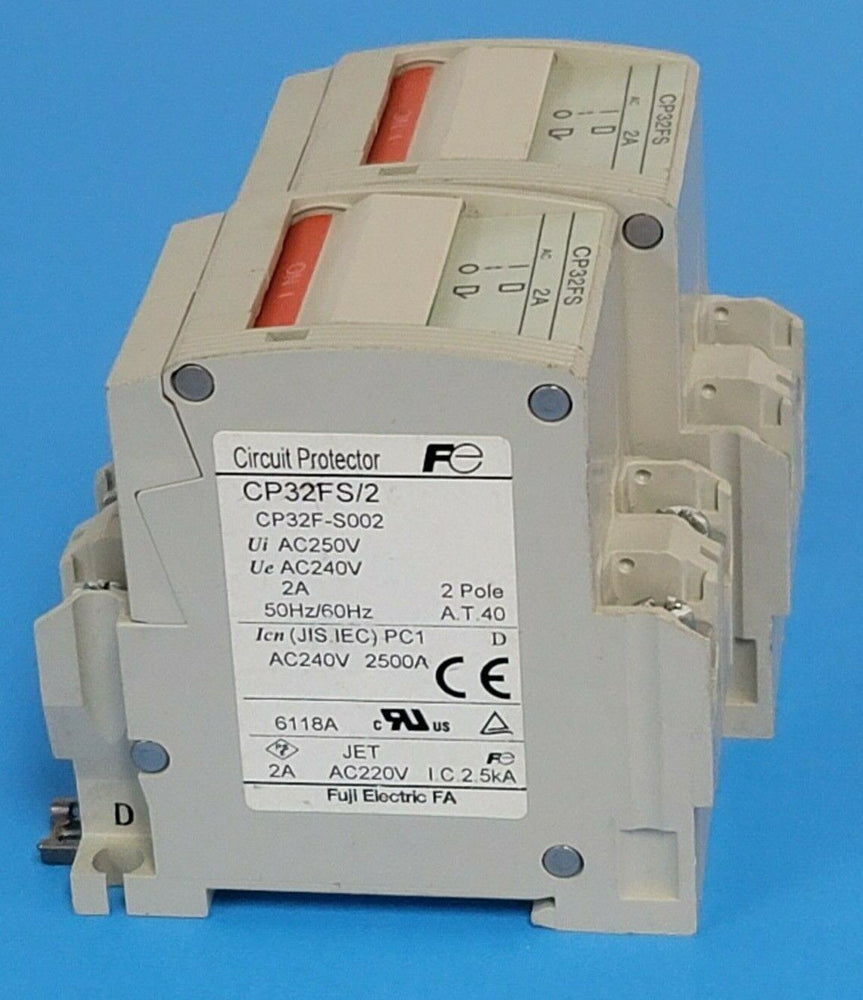 LOT OF 2 FUJI ELECTRIC CP32FS/2 CIRCUIT BREAKERS 2AMP 2POLE, CP32F-S002, CP32FS
