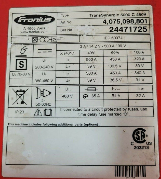 FRONIUS TRANSSYNERGIC 5000 C 460V ART NO. 4,075,098,801 WELDER 4,045,990