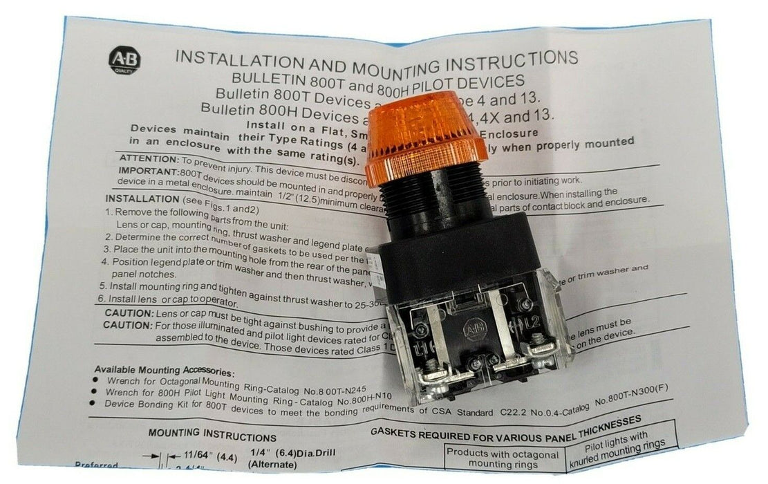 NIB ALLEN BRADLEY 800H-QR10A PILOT LIGHT 120V AMBER LENS 800HQR10A