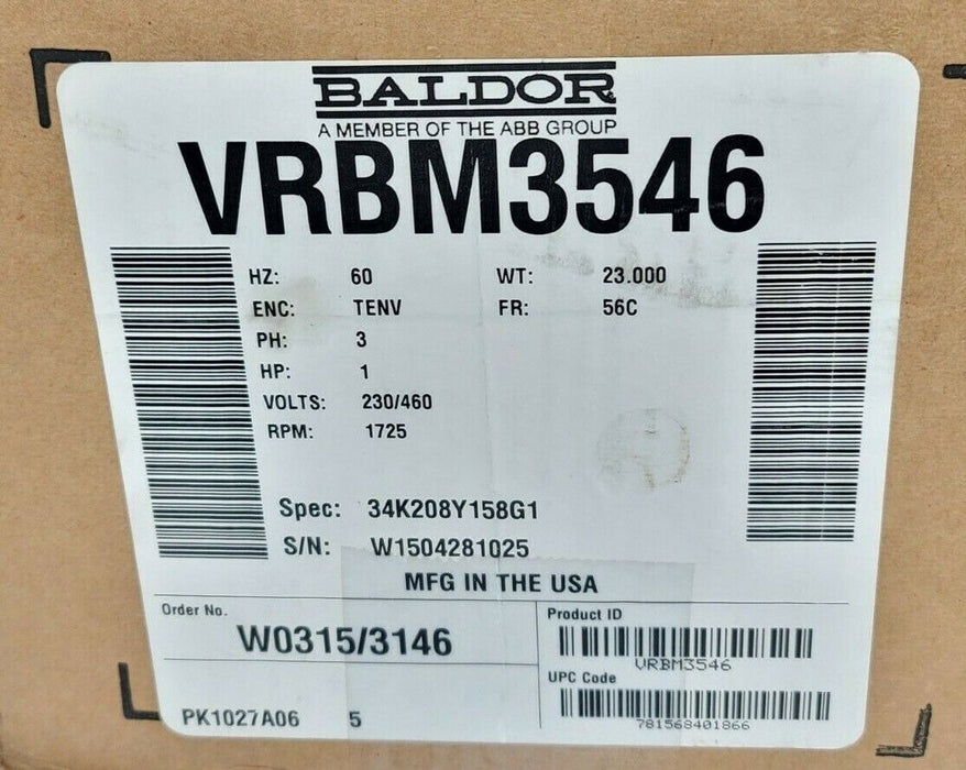 NIB BALDOR VRBM3546 3-PHASE MOTOR 1HP 60HZ 1725RPM 230/460V