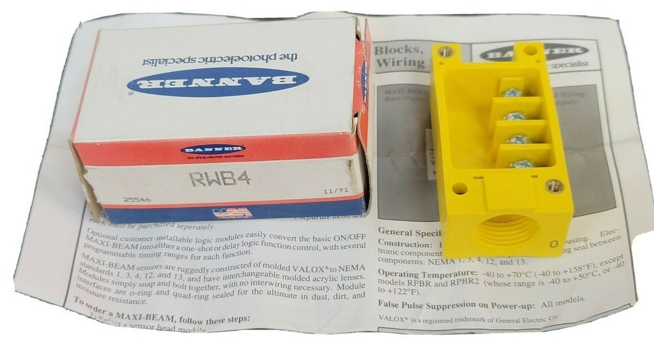NIB BANNER RWB4 WIRING BASE MAXI BEAM TERMINAL BLOCK YELLOW