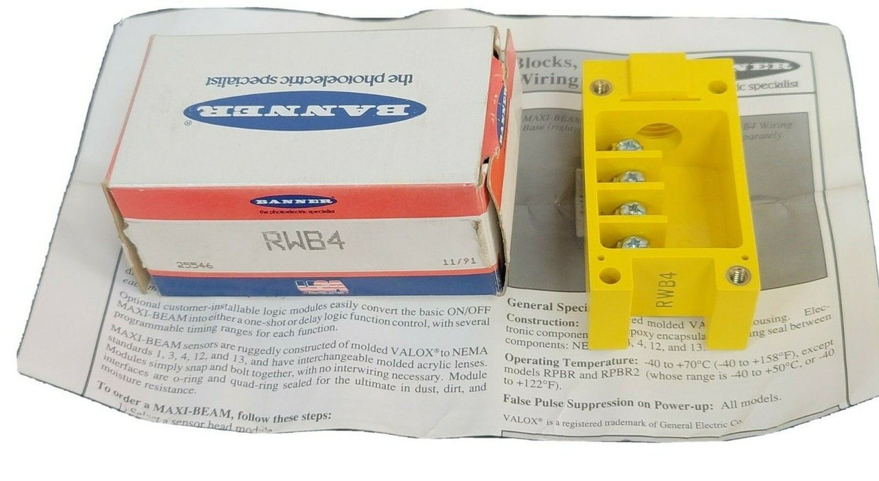 NIB BANNER RWB4 WIRING BASE MAXI BEAM TERMINAL BLOCK YELLOW