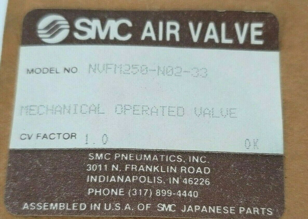 NIB SMC NVFM250-N02-33 MECHANICAL OPERATED VALVE NVFM250N0233, 0-140 PSIG
