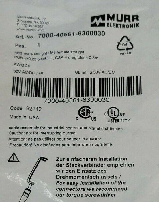 NEW MURR ELEKTRONIK 7000-40561-6300030 M12 MALE STRAIGHT / M8 FEMALE STRAIGHT