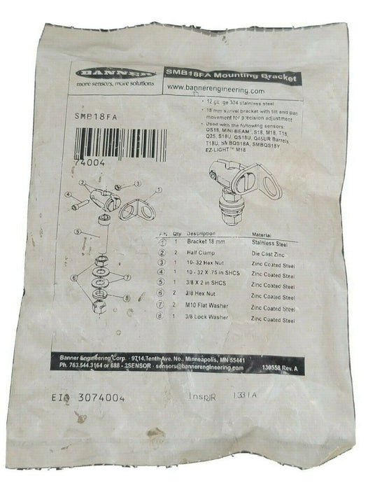 NEW BANNER SMB18FA BRACKET: KIT FOR 12 MM (1/2 IN.) 74004