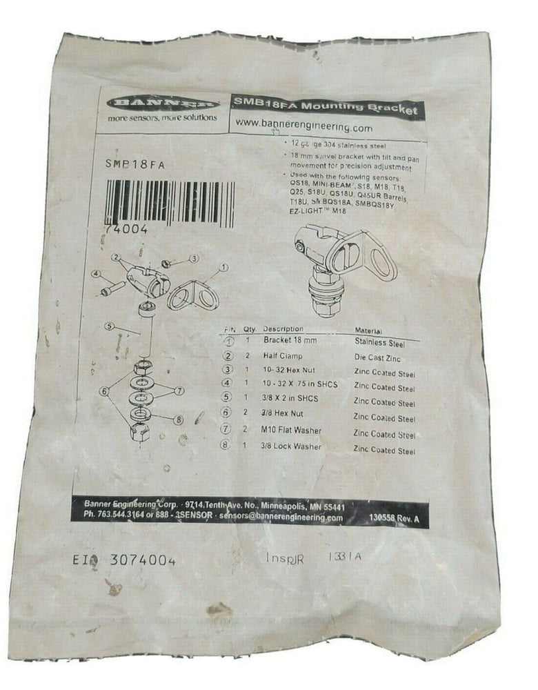 NEW BANNER SMB18FA BRACKET: KIT FOR 12 MM (1/2 IN.) 74004