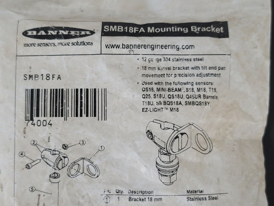 NEW BANNER SMB18FA BRACKET: KIT FOR 12 MM (1/2 IN.) 74004