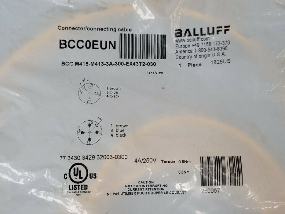 NEW BALLUFF BCC M415-M413-3A-300-EX43T2-030 DOUBLE-ENDED CORDSET BCC0EUN