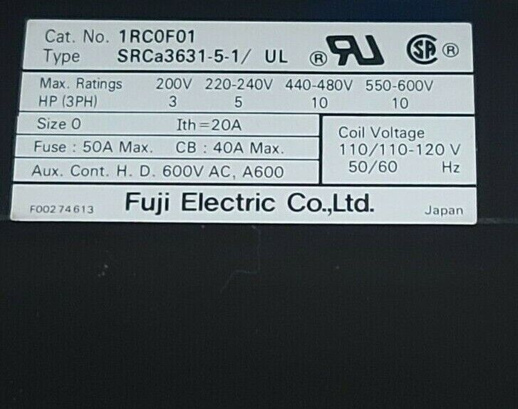 NEW FUJI ELECTRIC 1RC0F01 CONTACTOR 20AMP 600V COIL 120VAC SRCa3631-5-1/UL