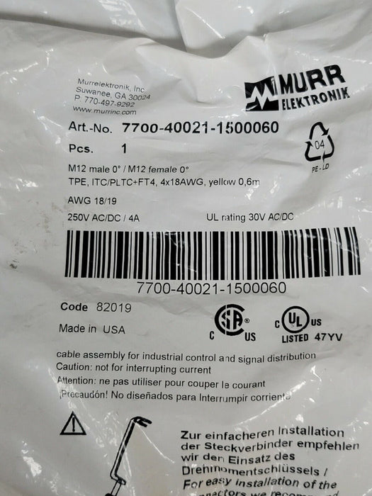 NEW MURR ELEKTRONIX 7700-40021-1500060 M12 MALE 0° / M12 FEMALE 0° CORDSET