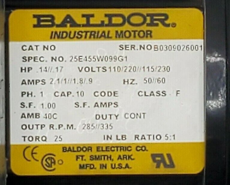 NEW BALDOR 25E455W099G1 INDUSTRIAL MOTOR .14//.17HP 110/220//115/230V 1PH