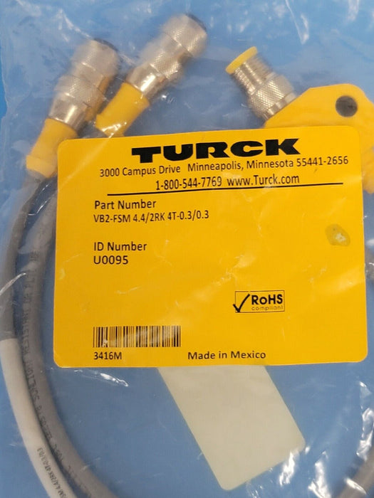 NEW TURCK VB2-FSM 4.4/2RK 4T-0.3/0.3 CORDSET VB2 MOLDED TWIN JUNCTION U0095