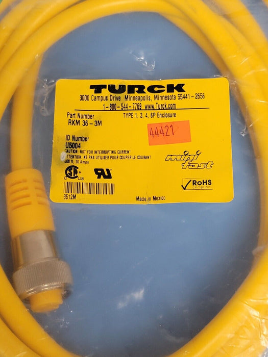 NEW TURCK RKM 36-3M MINIFAST CORDSET 600V 10A, IDENT. NO. U5004