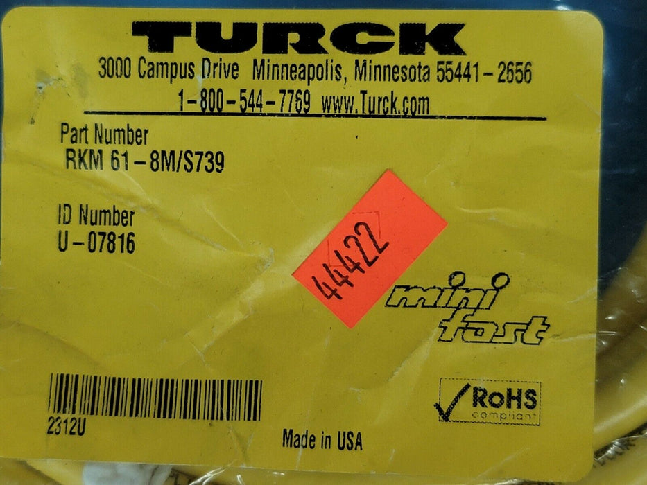 NEW TURCK RKM 61-8M/S739 MINIFAST MOLDED CORDSET ID NO. U-07816