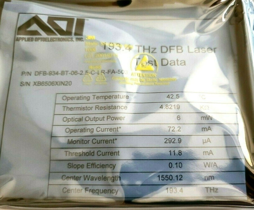 APPLIED OPTPELECTRONICS AOI DFB-934-BT-06-2.5-C-LR-FA-503 193.4THz DFB LASER 6mW