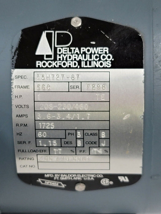 NEW DELTA POWER HYDRAULIC 35H727-87 FRAME 56C H.P. 1 VOLTS: 208-230/460 W/ C43