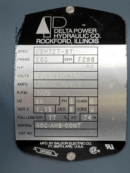 NEW DELTA POWER HYDRAULIC 35H727-87 FRAME 56C H.P. 1 VOLTS: 208-230/460 W/ C43