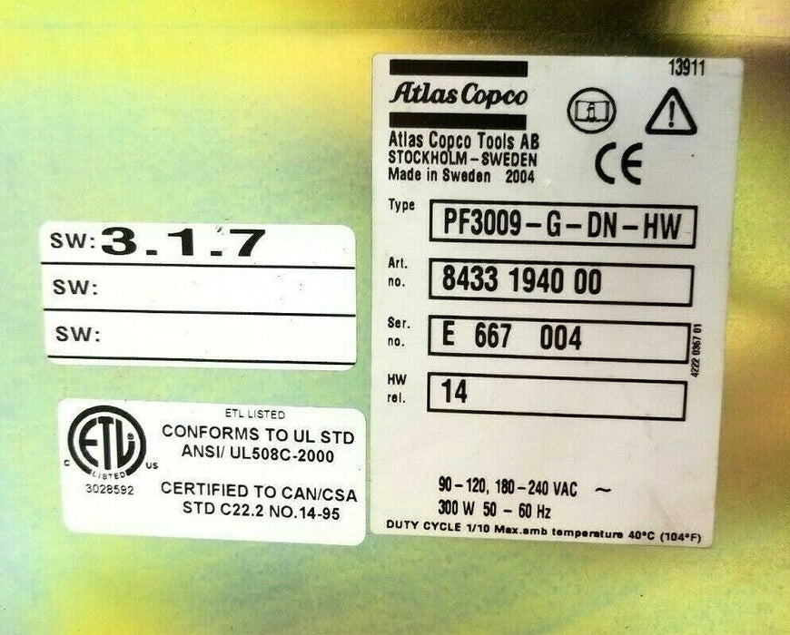 ATLAS COPCO PF3009-F-DN-HW TENSOR S9 W/ ETV S9-180-13-CTADS NUTRUNNER AND CABLES