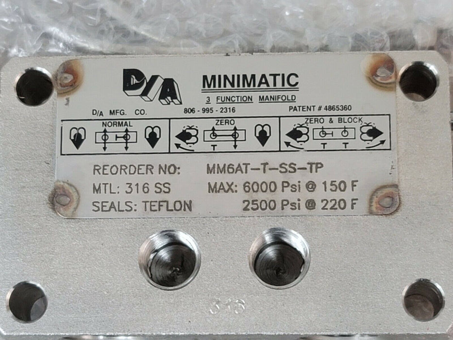 NEW D/A MINIMATIC MM6AT-T-SS-TP 3-FUNCTION MANIFOLD MTL: 316SS