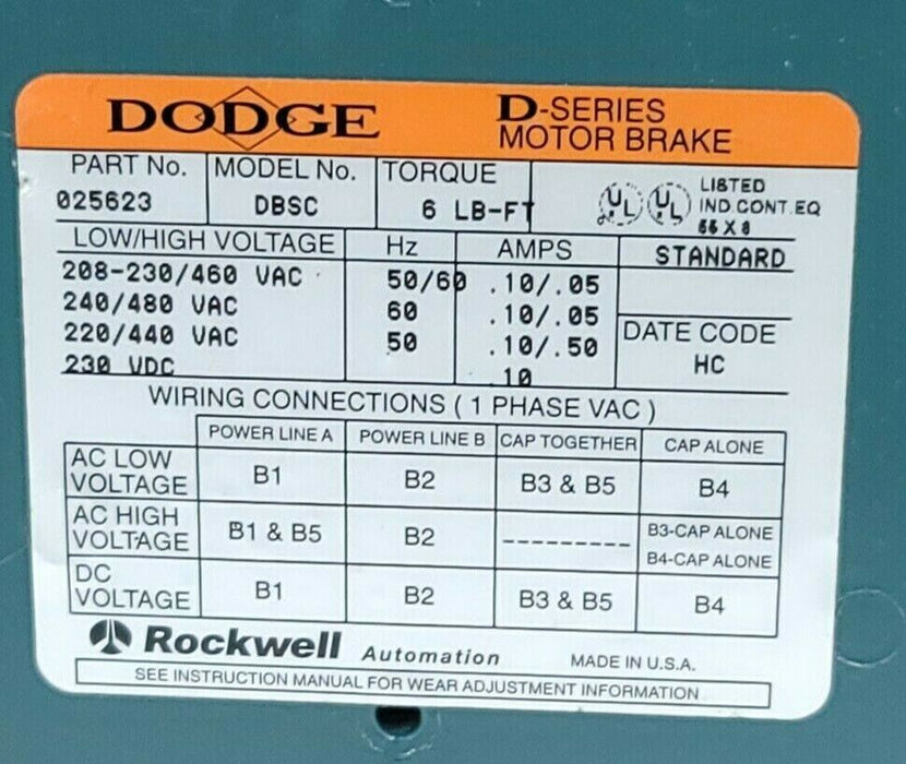 DODGE DBSC-6 LESS HUB SIZE: 230/460 VAC STOCK # 025623