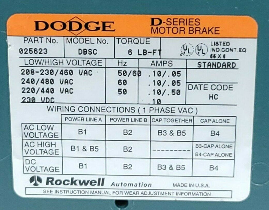 DODGE DBSC-6 LESS HUB SIZE: 230/460 VAC STOCK # 025623