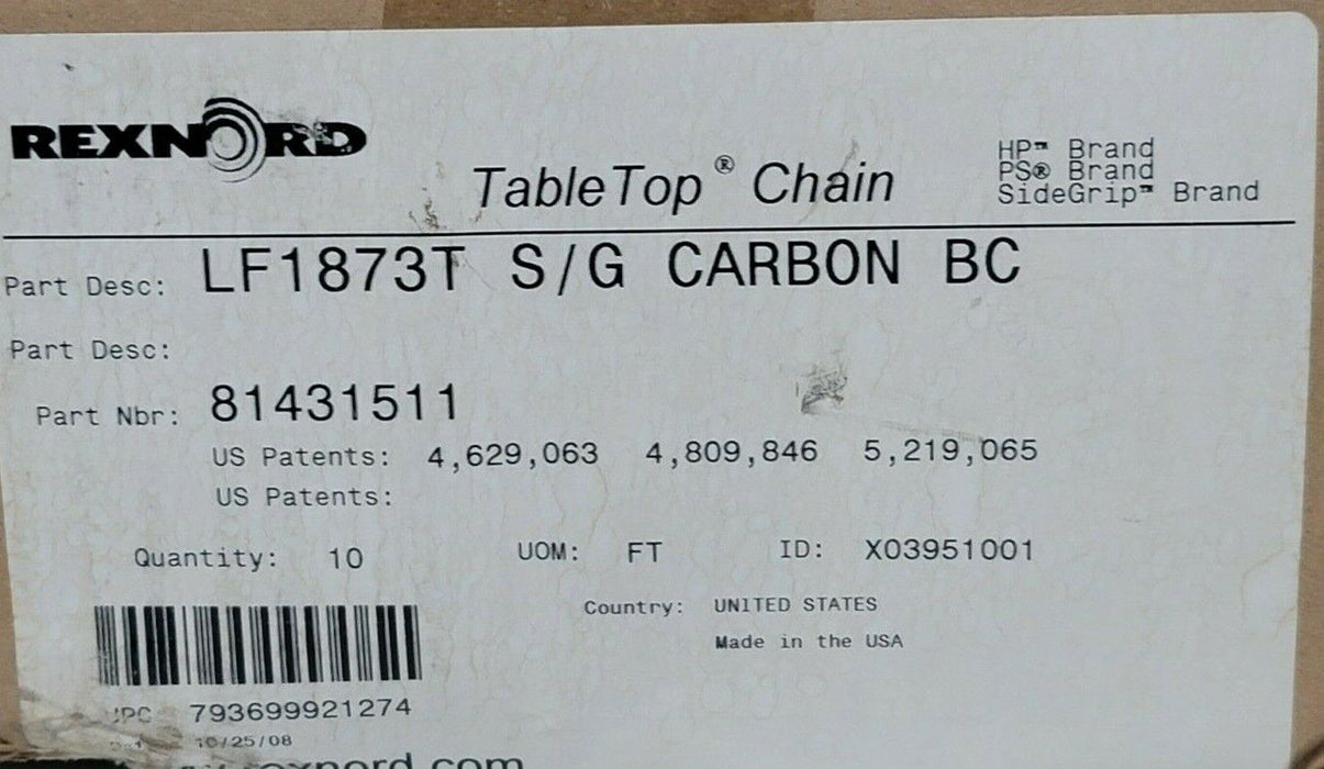 NIB REXNORD 81431511 LF1873T S/G CARBON BC TABLE TOP CHAIN W: 3.75" PITCH 1.5"