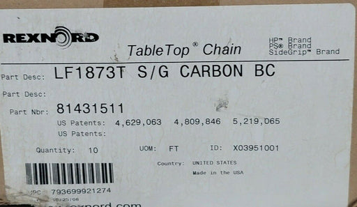 NIB REXNORD 81431511 LF1873T S/G CARBON BC TABLE TOP CHAIN W: 3.75" PITCH 1.5"