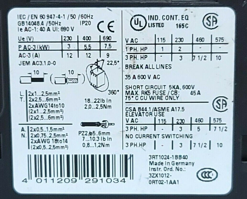 SIEMENS 3RT1024-1BB40 CONTACTOR 3RT10241BB40, 40 AMP 3 POLE