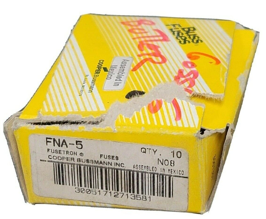 BOX OF 10 NEW COOPER BUSSMANN FNA-5 FUSETRON DUAL ELEMENT FUSES FNA5