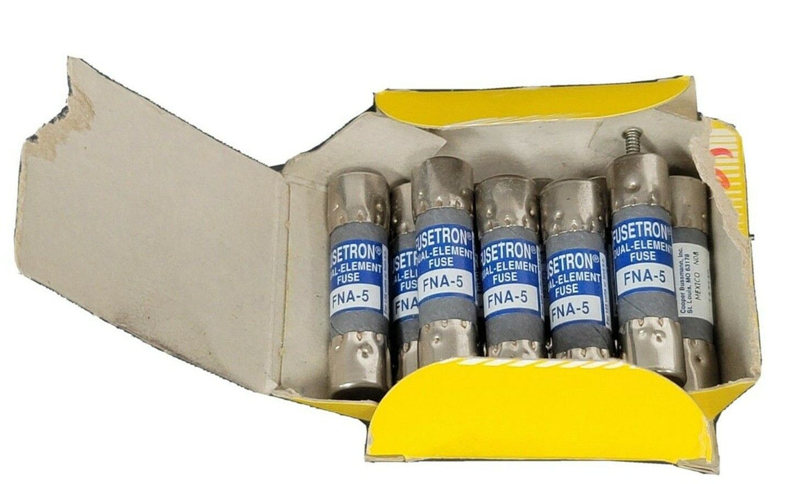 BOX OF 10 NEW COOPER BUSSMANN FNA-5 FUSETRON DUAL ELEMENT FUSES FNA5