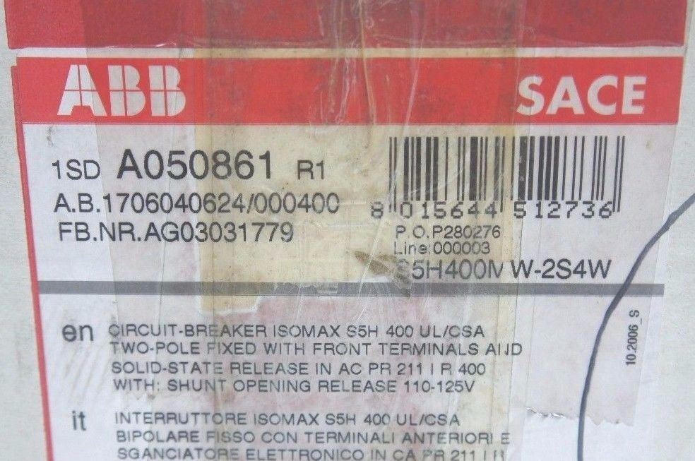 NEW ABB S5H400MW-2S4W MCP S5H 400A 2-POLE ISOMAX CIRCUIT BREAKER 1SDA050861R1