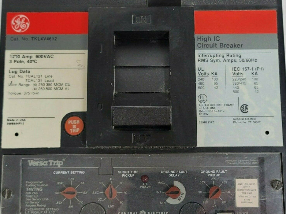 GENERAL ELECTRIC TKL4V4612 CIRCUIT BREAKER 1200 AMP 3 POLE 600 V AC MAX