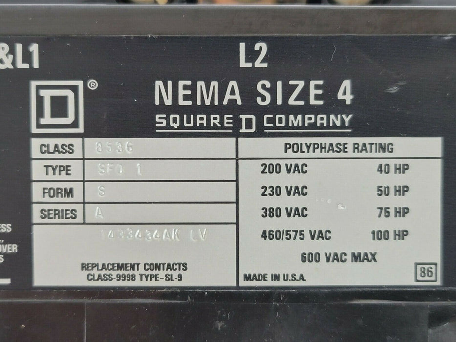 USED SQUARE D 8536-SF01S SER. A NEMA SIZE 4 CONTACTOR W/ 120V COIL 31091-400-38