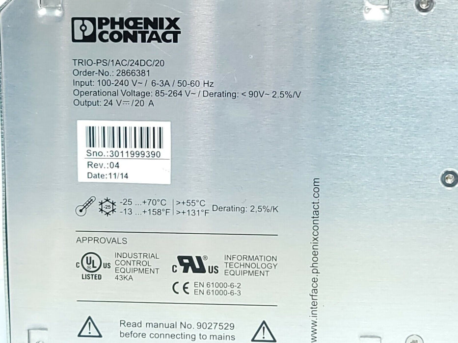 PHOENIX CONTACT TRIO-PS/1AC/24DC/20 POWER SUPPLY 2866381 OUTPUT: 24 V DC/20 A