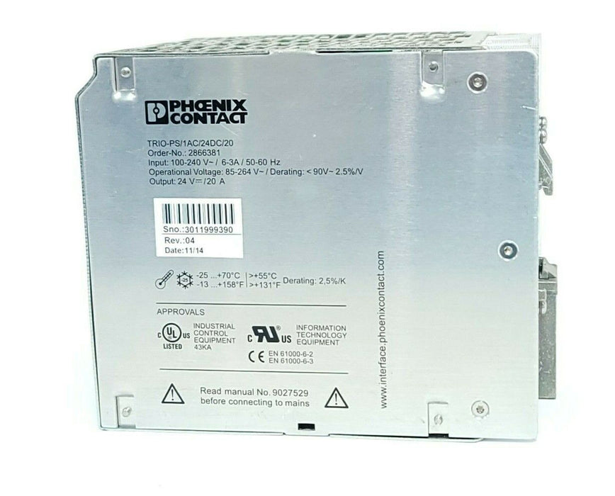 PHOENIX CONTACT TRIO-PS/1AC/24DC/20 POWER SUPPLY 2866381 OUTPUT: 24 V DC/20 A