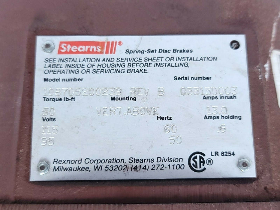 REXNORD STEARNS 108705200239 SPRING SET DISC BRAKE REV. B TORQUE LB-FT 50