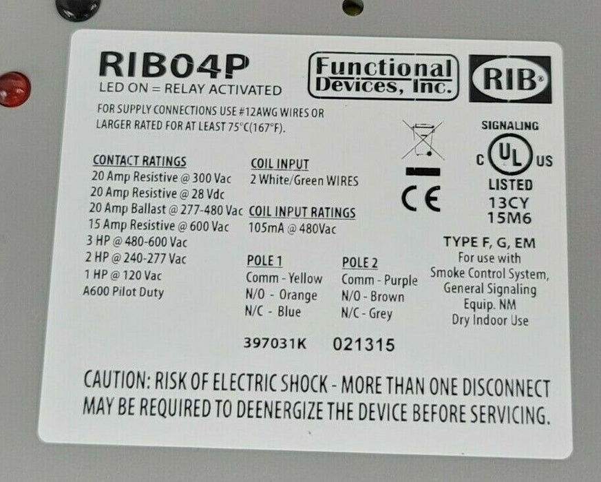 NEW FUNCTIONAL DEVICES INC. RIB RIB04P LED ON POWER CONTROL RELAY