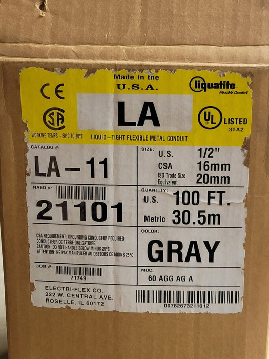 NEW LIQUADITE LA-11 1/2'' GRAY FLEXIBLE METAL CONDUIT 80FT LA11 LA