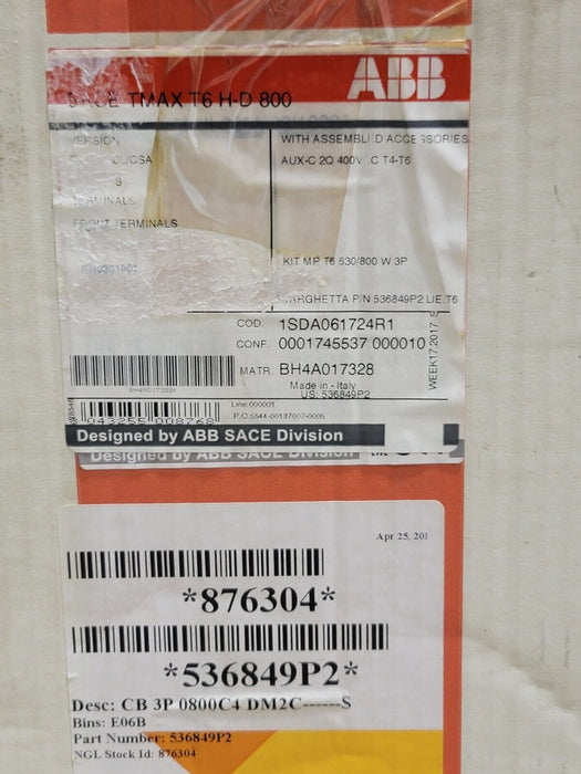 NIB ABB SACE T6H-D 800 CIRCUIT BREAKER 536849P2 3 POLE T6HD800