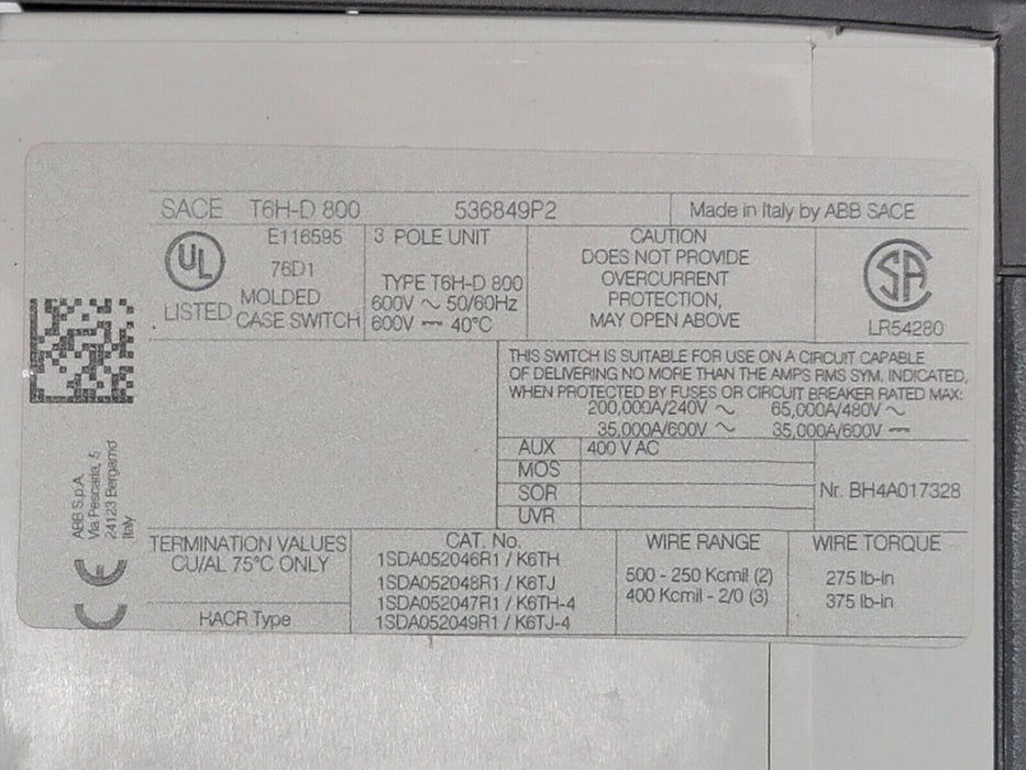 NIB ABB SACE T6H-D 800 CIRCUIT BREAKER 536849P2 3 POLE T6HD800