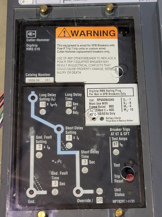 NEW CUTLER HAMMER SPB 50 CIRCUIT BREAKER SPBSR38R 800A DIGITRIP RMS 510 S55LSG