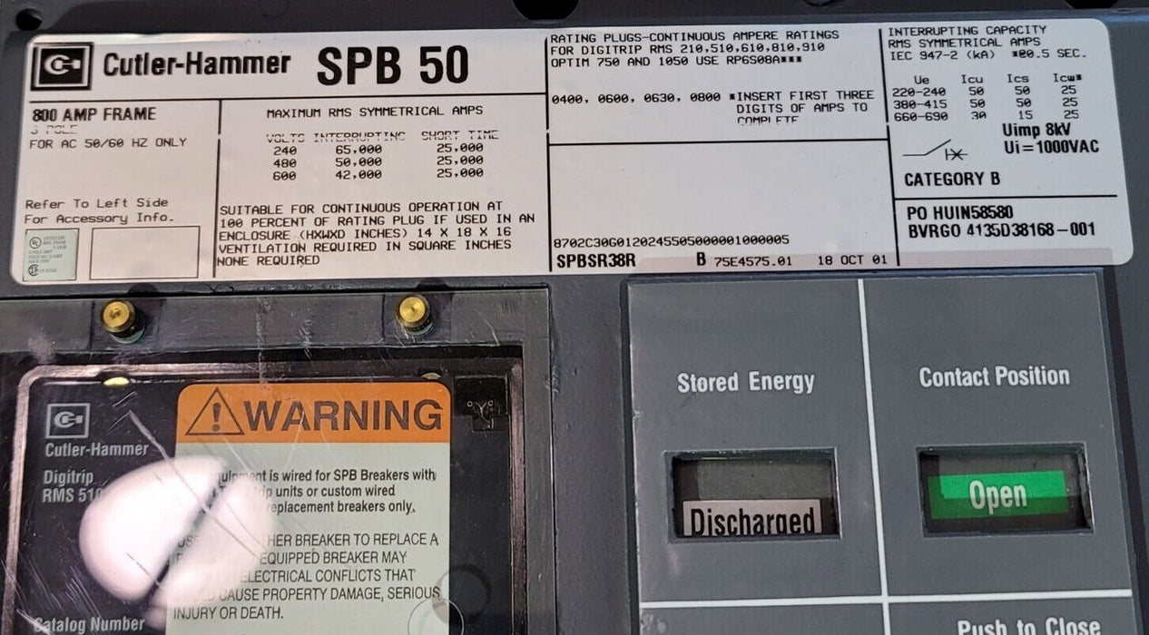 NEW CUTLER HAMMER SPB 50 CIRCUIT BREAKER SPBSR38R 800A DIGITRIP RMS 510 S55LSG