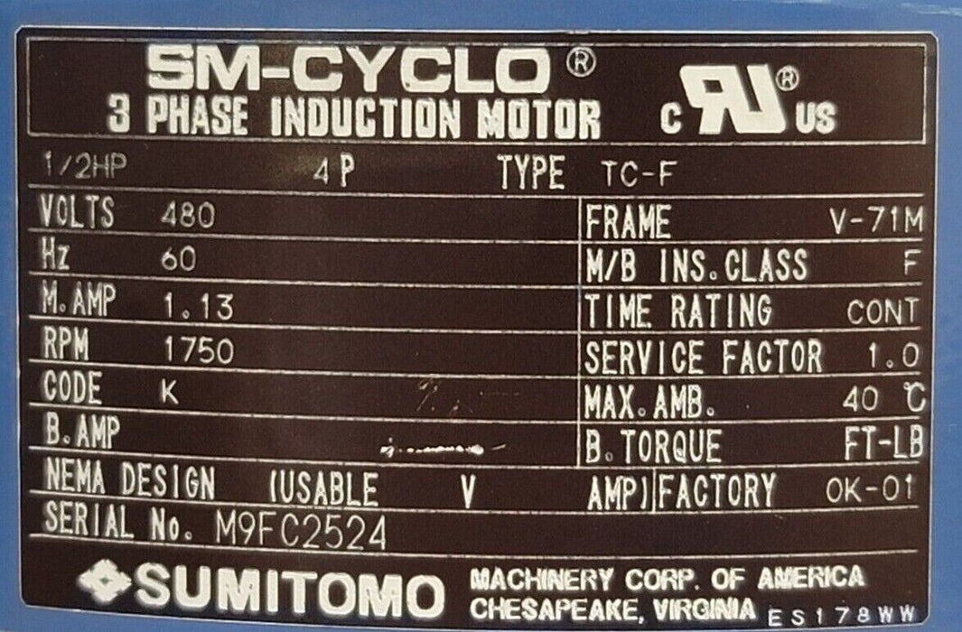 SUMITOMO RNYMS05-1320A-60 SM-HYPONIC GEARMOTOR TC-F SM-CYCLO 1/2HP 480V