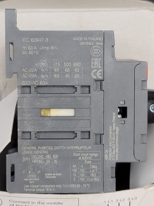 NIB ABB 1SCA105332R1001 DISCONNECT SWITCH OT63F3, 63 AMP 3 POLE 690 VAC